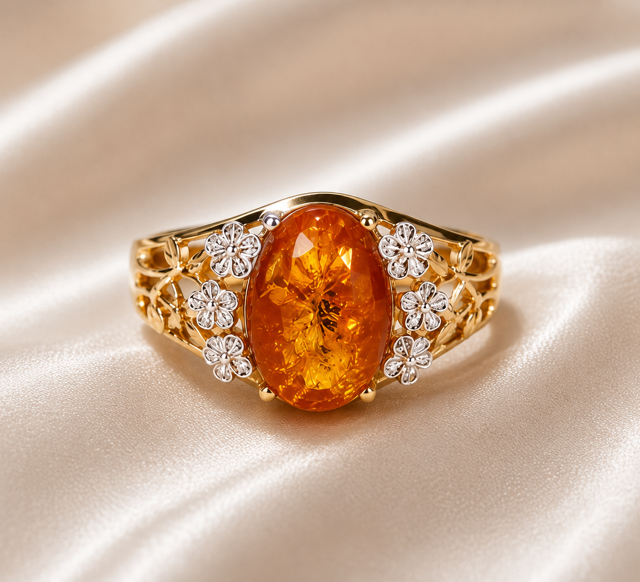 14K Two Tone Gold Cabochon Amber Diamond Floral Ring Band