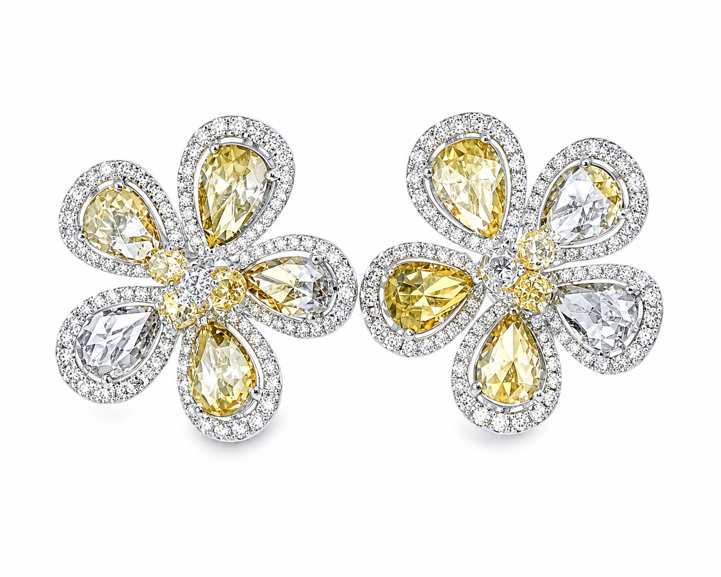 18K White Gold Rose Cut Champagne Diamond Floral Earrings