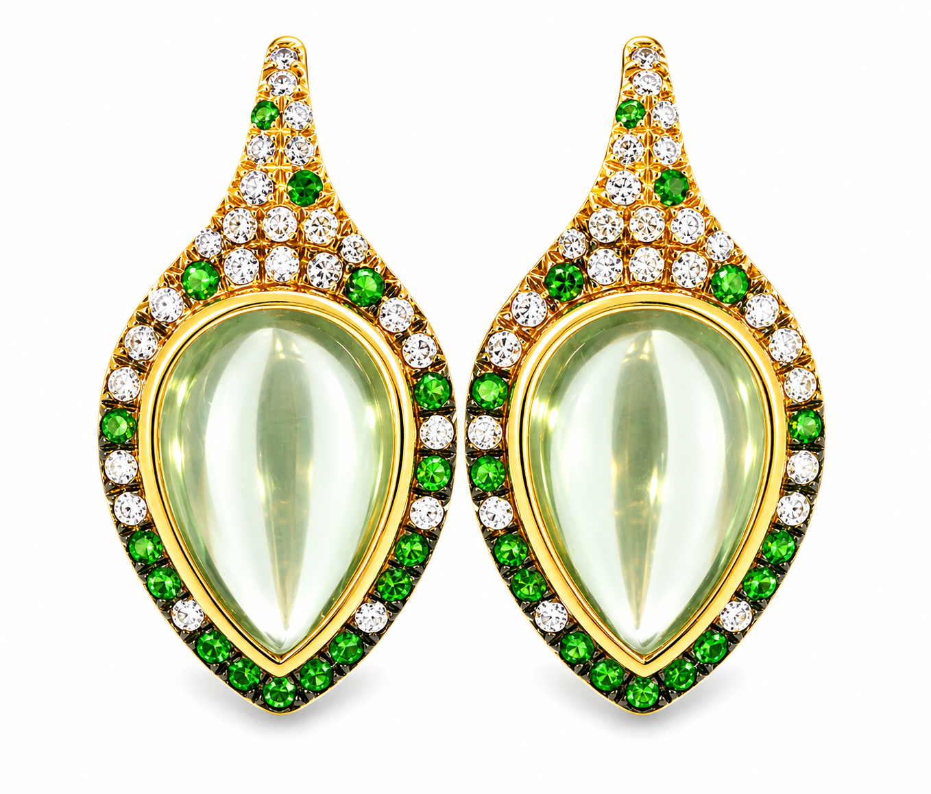 14K Yellow Gold Cabochon Green Amethyst Tsavorite Diamond Leaf Earrings