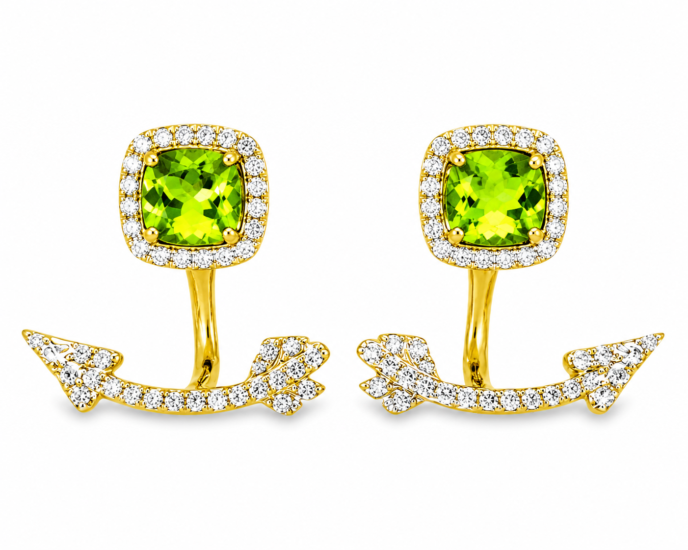 14K Yellow Gold Peridot Diamond Hanging Arrow Earrings