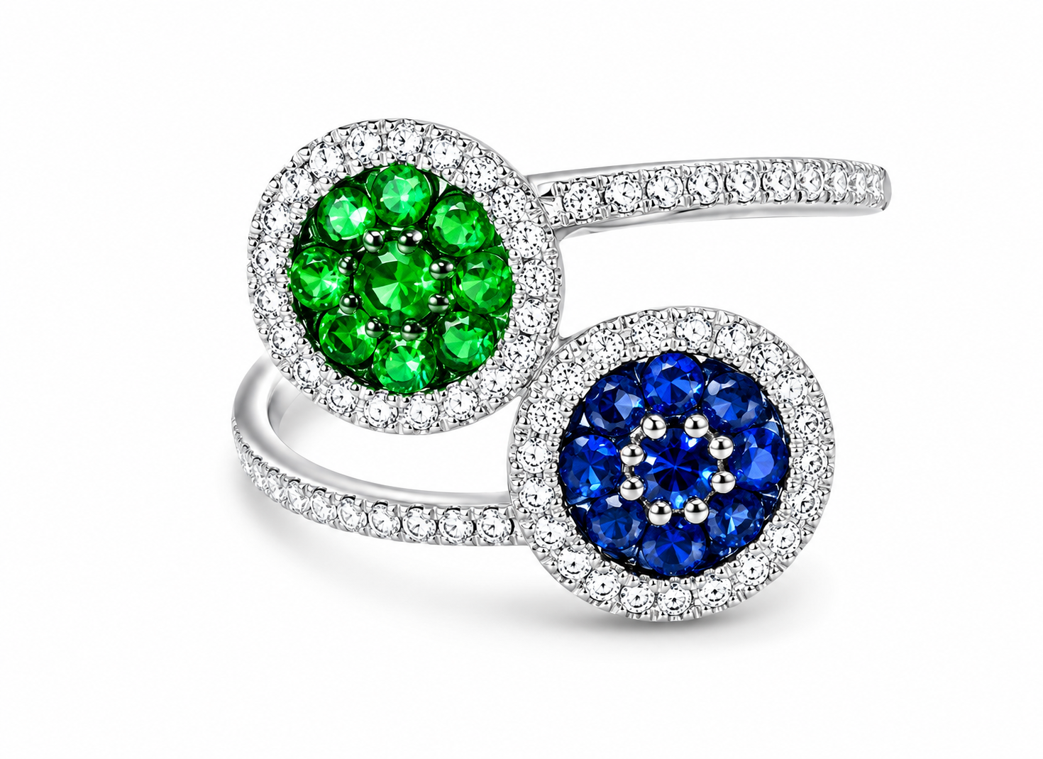 14K White Gold Sapphire Tsavorite Diamond Designer Ring Band
