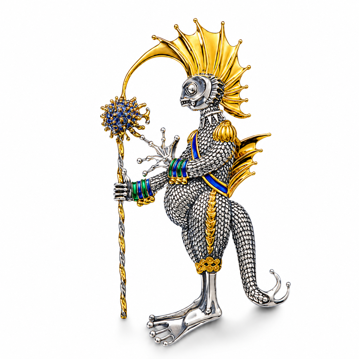 Sterling Silver 22K Gilded Aquatic Warrior Mihail Chemiakin Brooch Pin