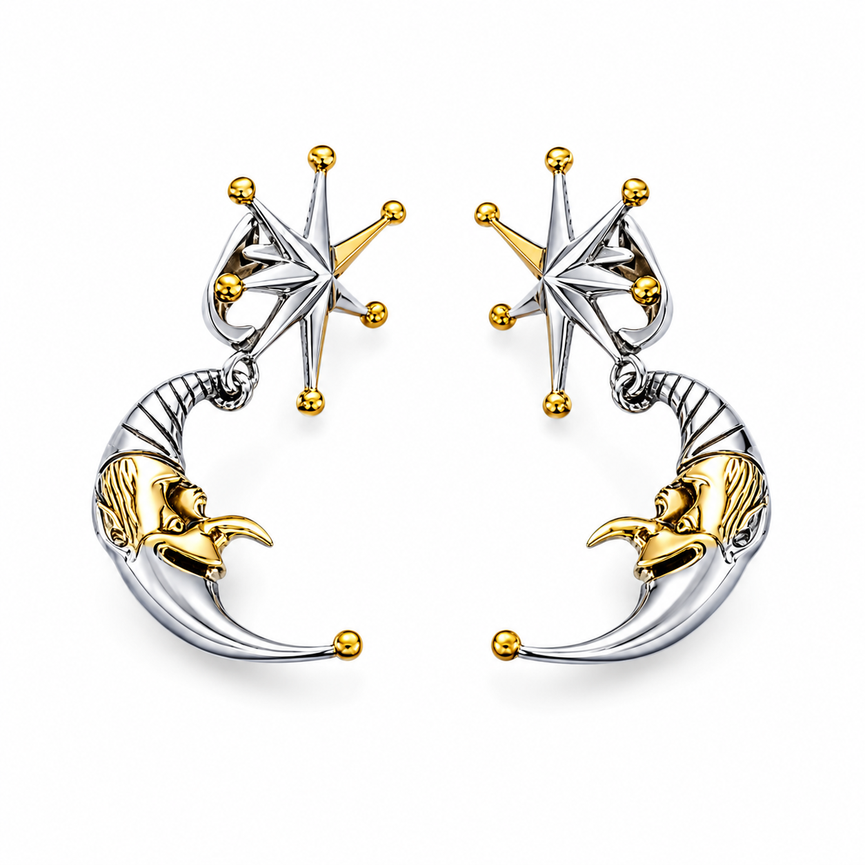 Sterling Silver 22K Gilded Whimsical Star Moon Mihail Chemiakin Drop Earrings