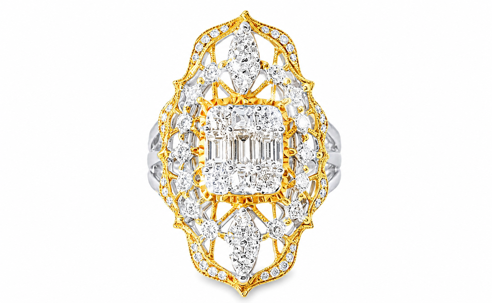 18K Gold Antique Estate Two Tone Filigree Diamond Ring