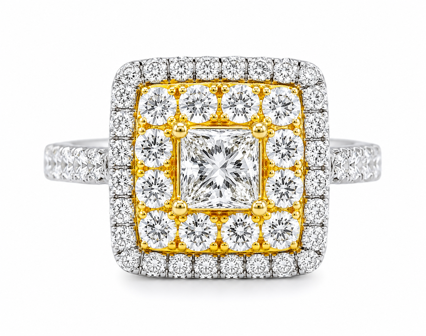 18K Two Tone Gold Ring with Square Diamond Round Accents Estate
