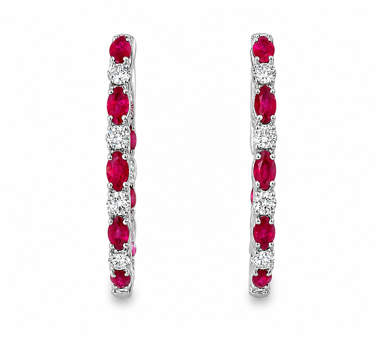 14K White Gold Diamond Ruby Hoop Earrings