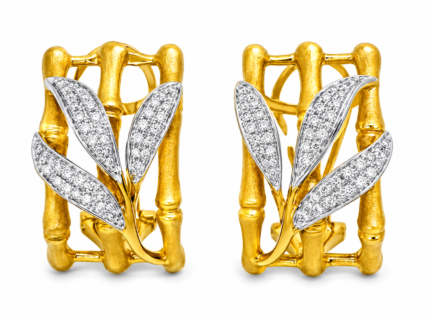 14K Yellow Gold Diamond Bamboo Shoot Leaf Designer Earrings