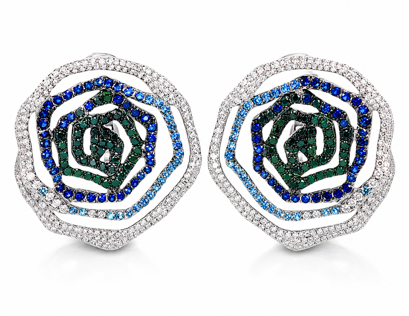 18K White Gold Diamond Sapphire Floral Designer Earrings