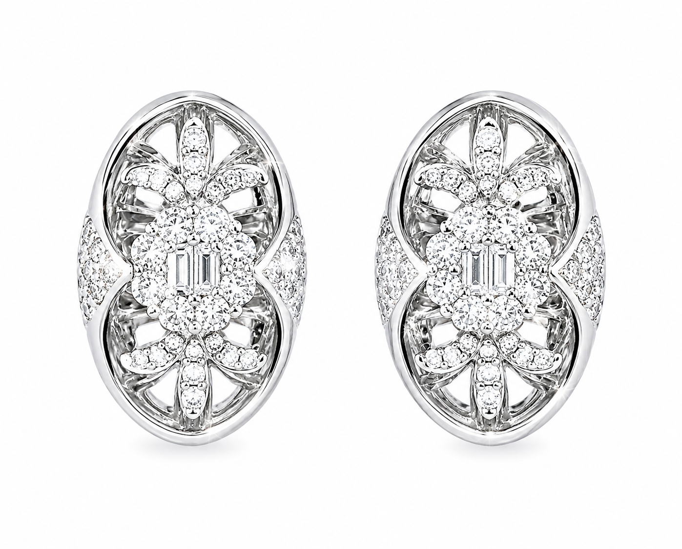 18K White Gold Diamond Floral Designer Earrings