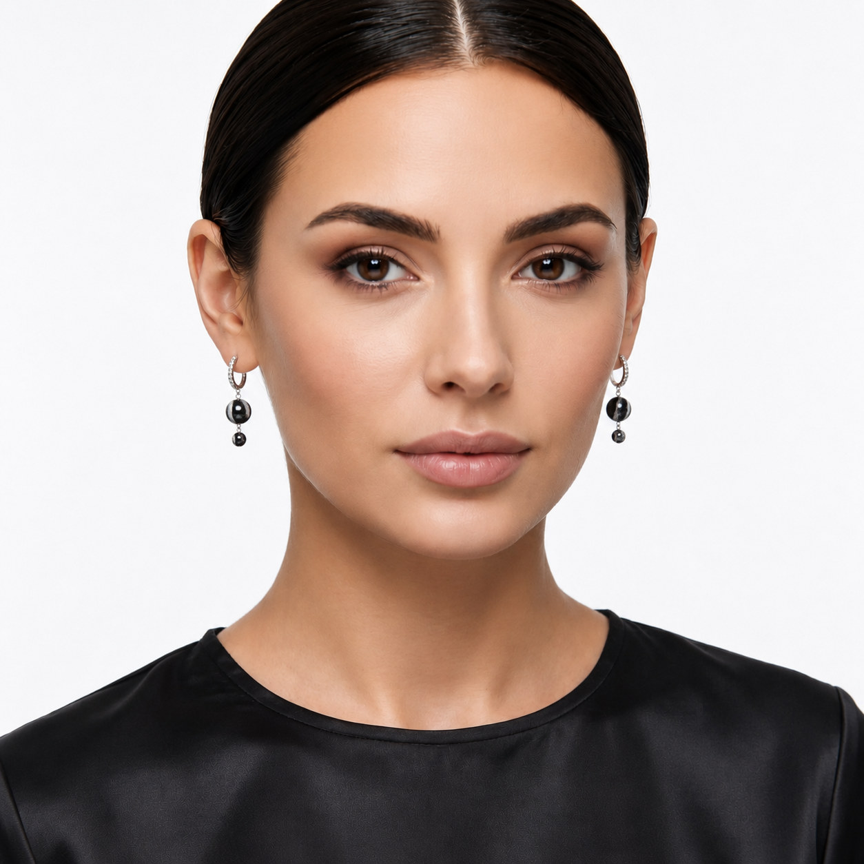 18K White Gold Black Diamond Hoop Drop Sphere Ball Earrings Estate