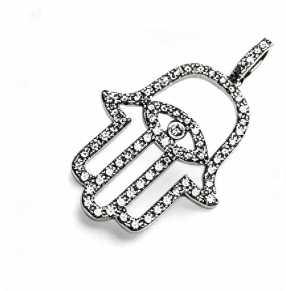 14K White Gold Diamond Hamsa Evil Eye Pendant