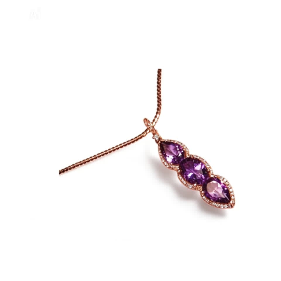 14K Rose Pink Gold Amethyst Diamond Drop Pendant Necklace Estate