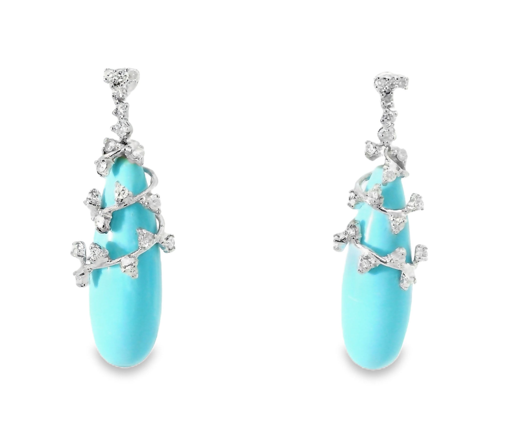 Gorgeous Estate 14K White Gold Turquoise Diamond Dangle Drop Earrings - GGEMSonline
