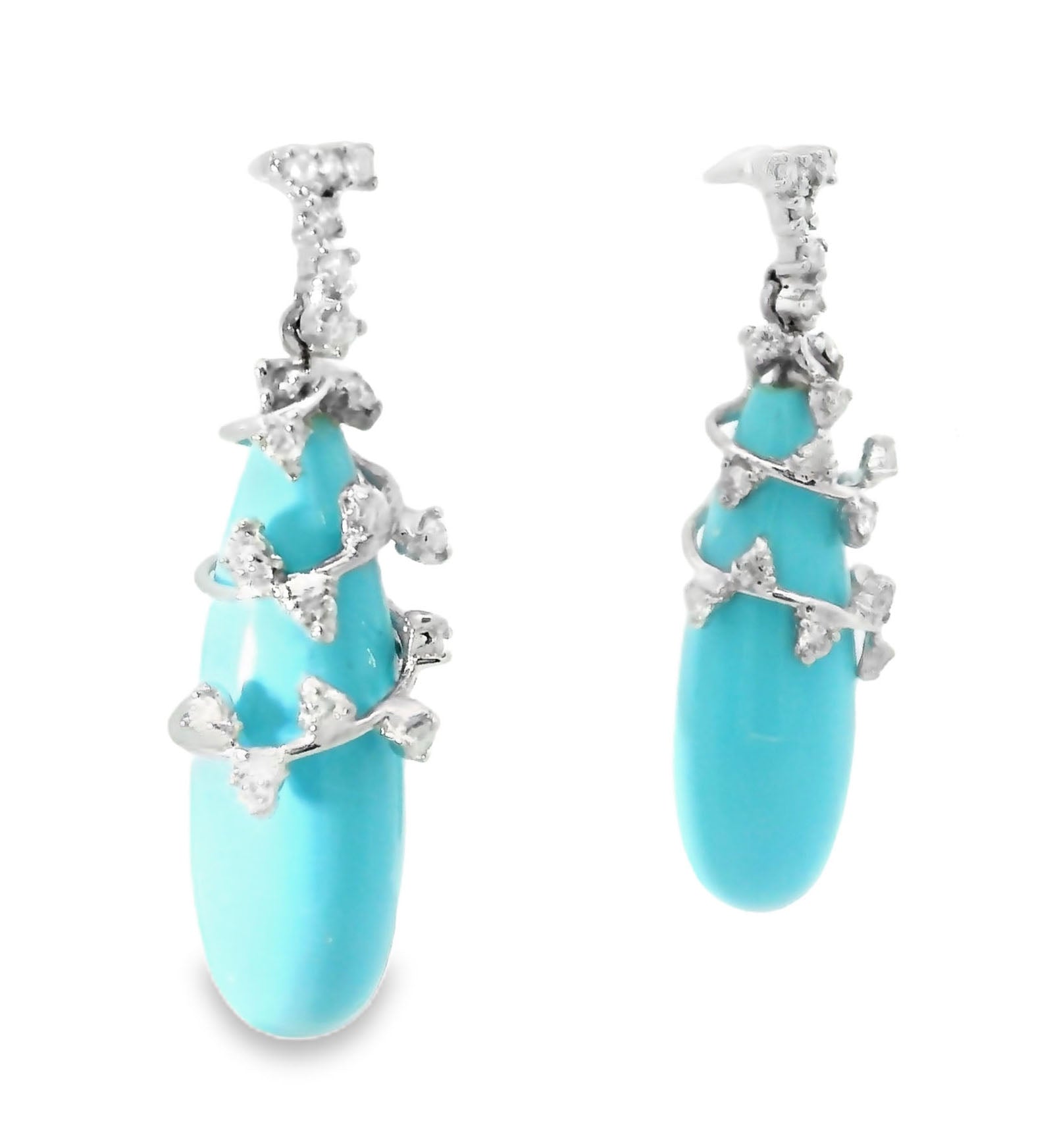 Gorgeous Estate 14K White Gold Turquoise Diamond Dangle Drop Earrings - GGEMSonline