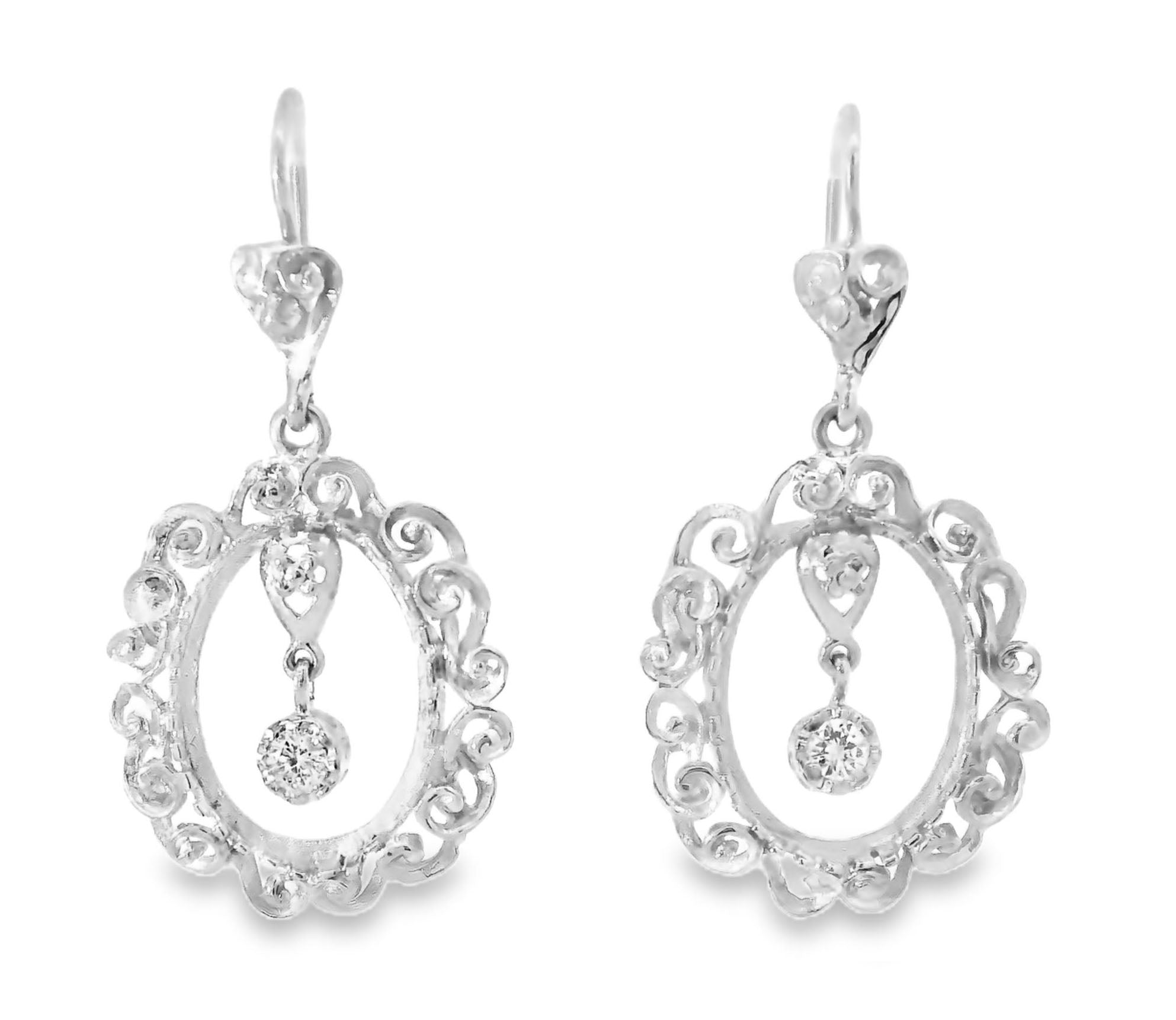 Antique Estate 14K White Gold Diamond Dangle Drop Earrings - GGEMSonline