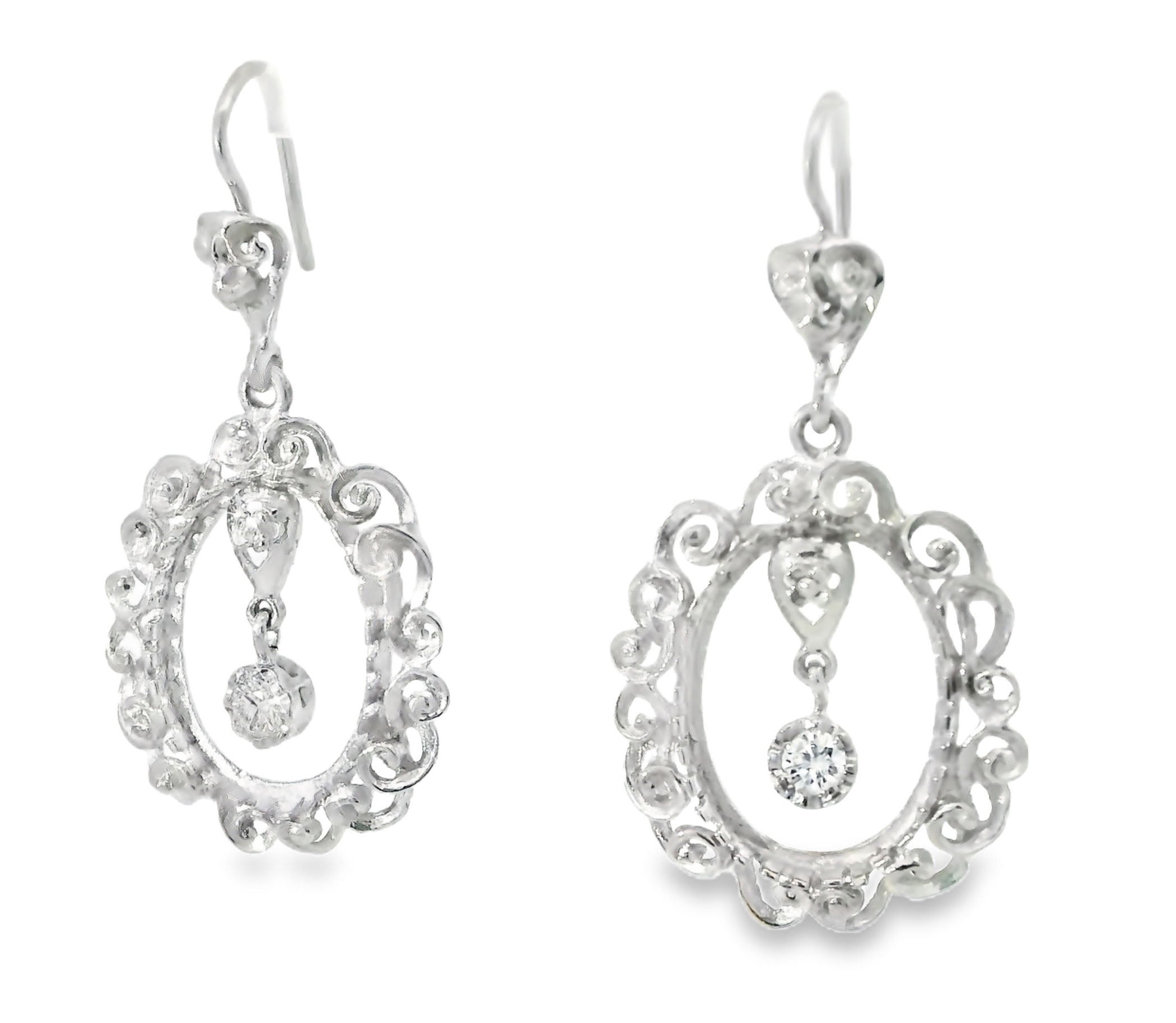 Antique Estate 14K White Gold Diamond Dangle Drop Earrings - GGEMSonline