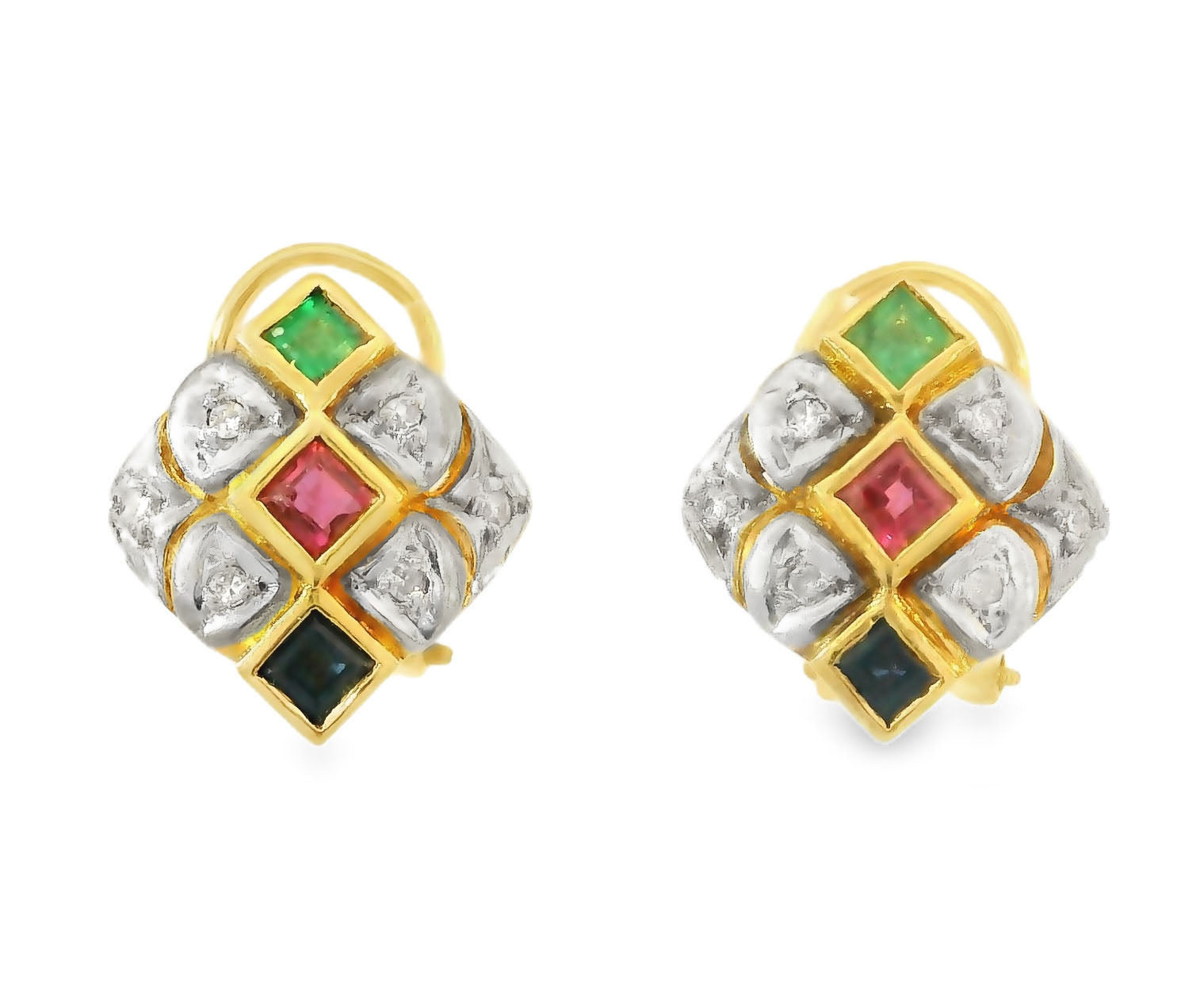 Gorgeous Estate 18K Yellow Gold Ruby Emerald Sapphire Diamond Earrings - GGEMSonline