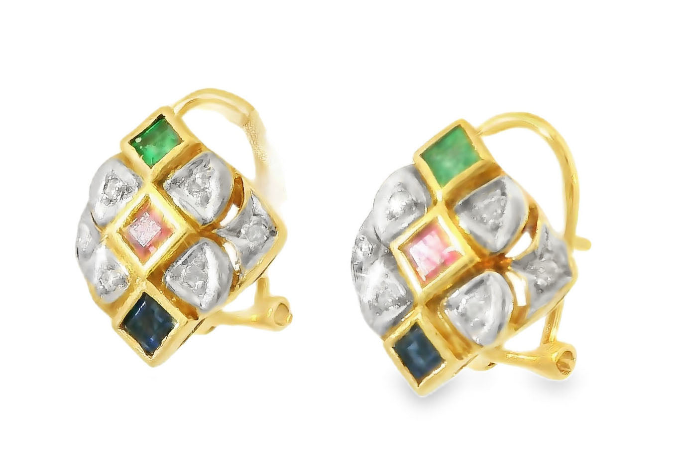 Gorgeous Estate 18K Yellow Gold Ruby Emerald Sapphire Diamond Earrings - GGEMSonline