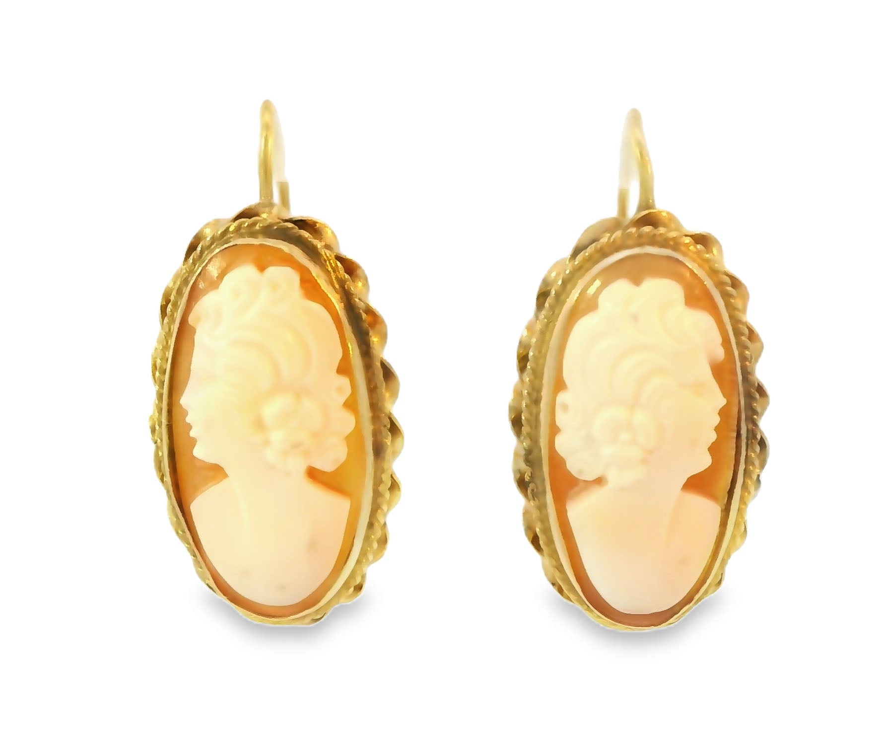 Antique Estate 14K Yellow Gold Shell Cameo Drop Earrings - GGEMSonline