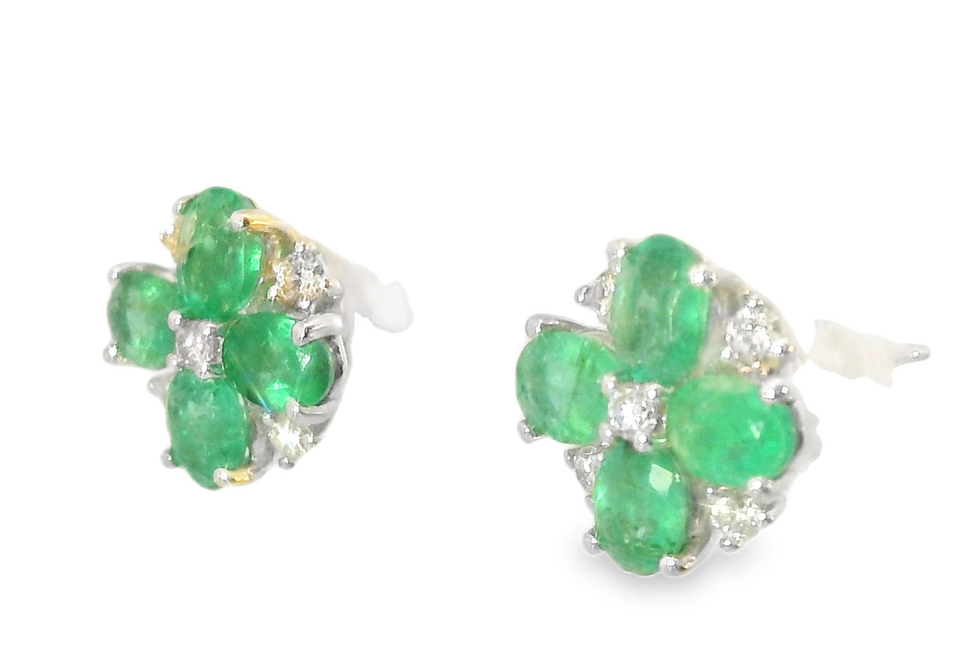 Elegant Estate 14K White Gold Emerald Diamond Flower Floral Stud Earrings - GGEMSonline