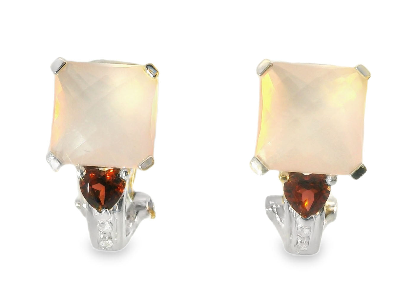 Beautiful Estate 14K White Gold Rose Quartz Garnet Heart Diamond Earrings - GGEMSonline