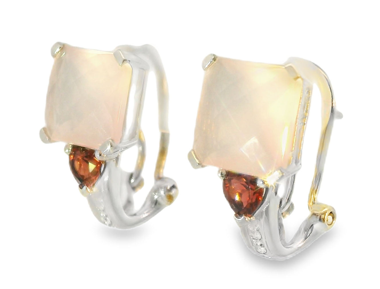 Beautiful Estate 14K White Gold Rose Quartz Garnet Heart Diamond Earrings - GGEMSonline