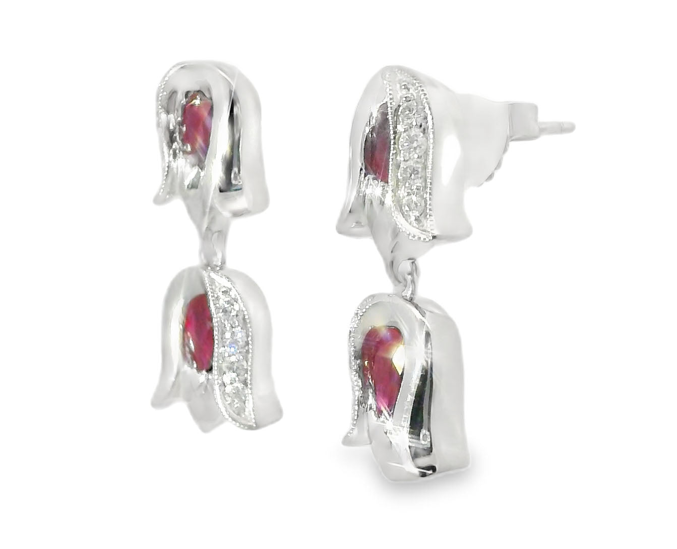Elegant Estate 14K White Gold Ruby Diamond Tulip Dangle Earrings - GGEMSonline