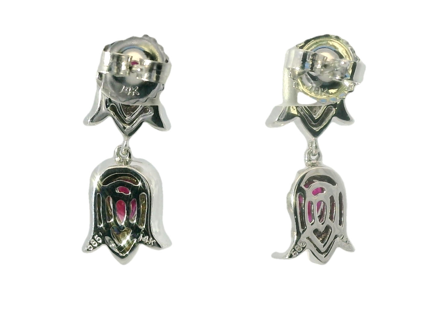 Elegant Estate 14K White Gold Ruby Diamond Tulip Dangle Earrings - GGEMSonline