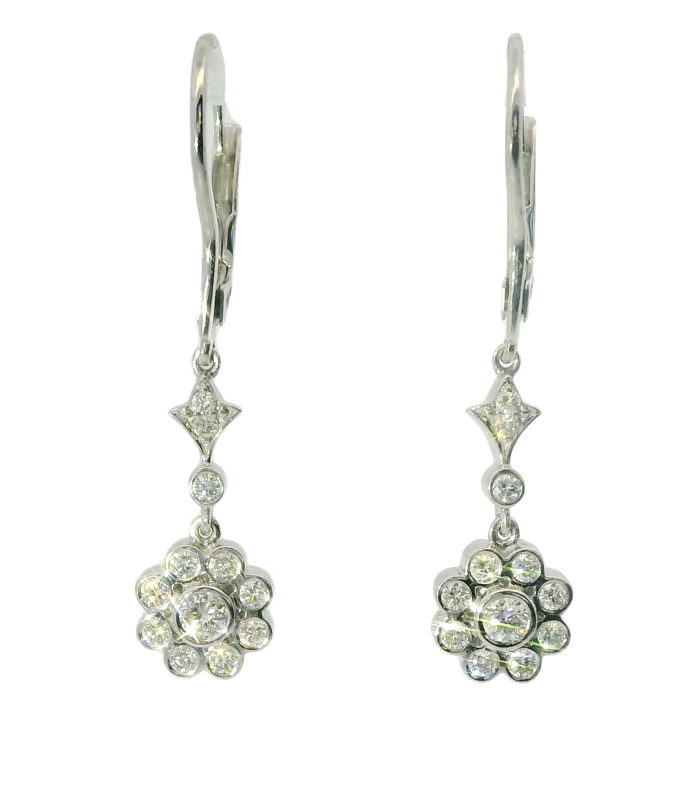 Elegant Estate 14K White Gold Floral Flower Diamond Drop Dangle Earrings - GGEMSonline