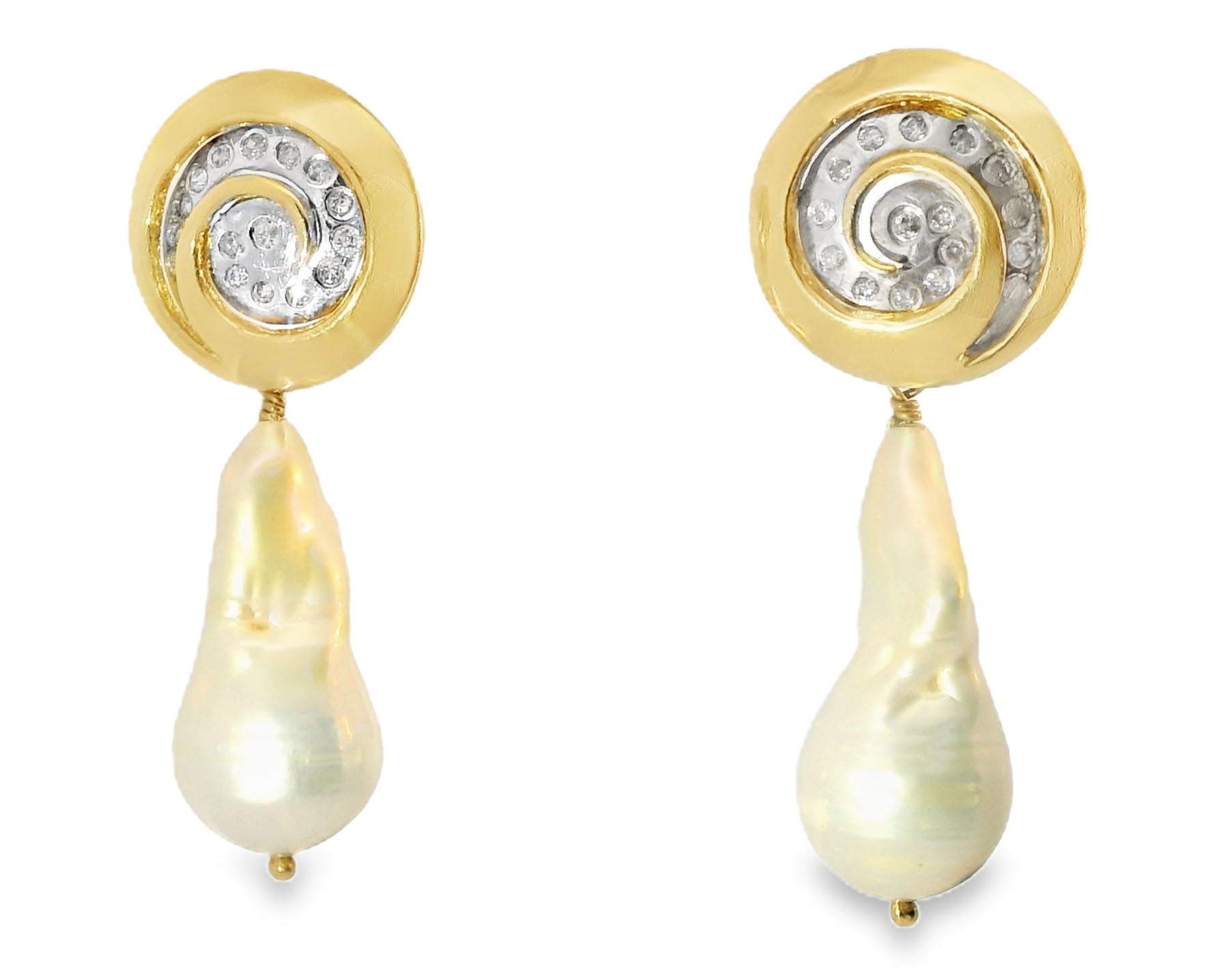 Beautiful Estate 14K 2-Tone Gold Baroque Pearl Diamond Swirl Drop Earrings - GGEMSonline