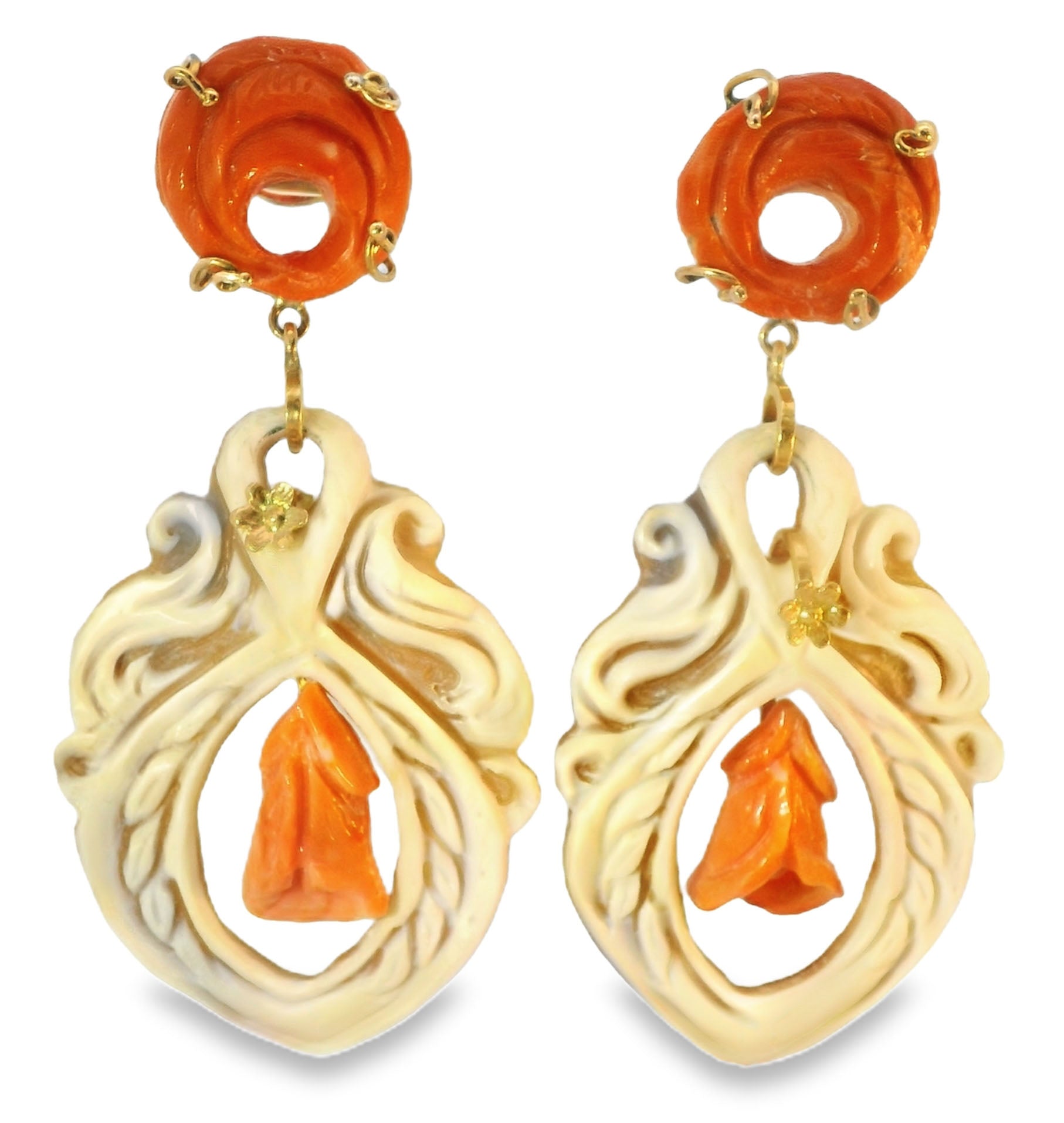Antique Estate 18K Gold Carved Cameo Red Coral Undyed Drop Dangle Earrings - GGEMSonline