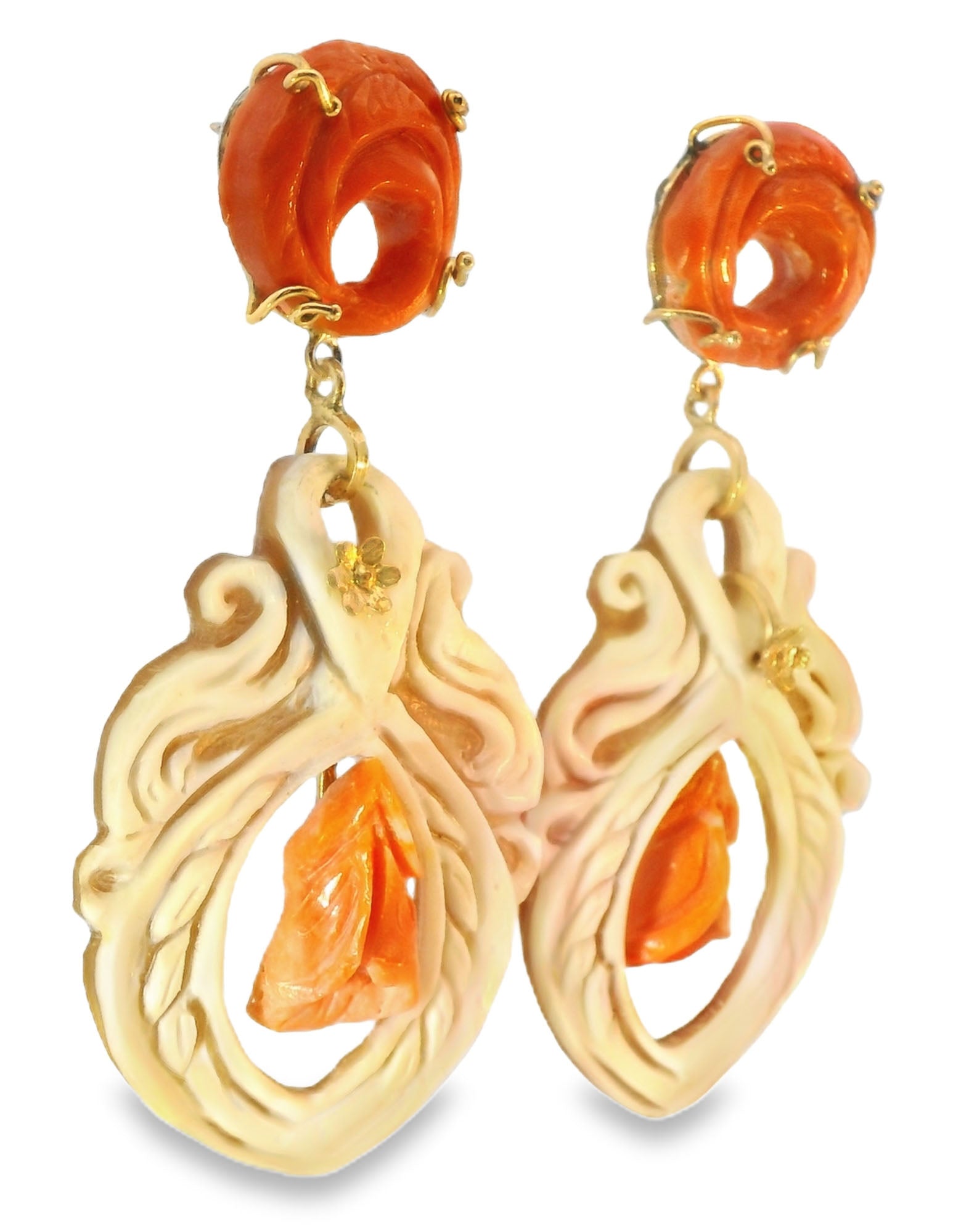 Antique Estate 18K Gold Carved Cameo Red Coral Undyed Drop Dangle Earrings - GGEMSonline