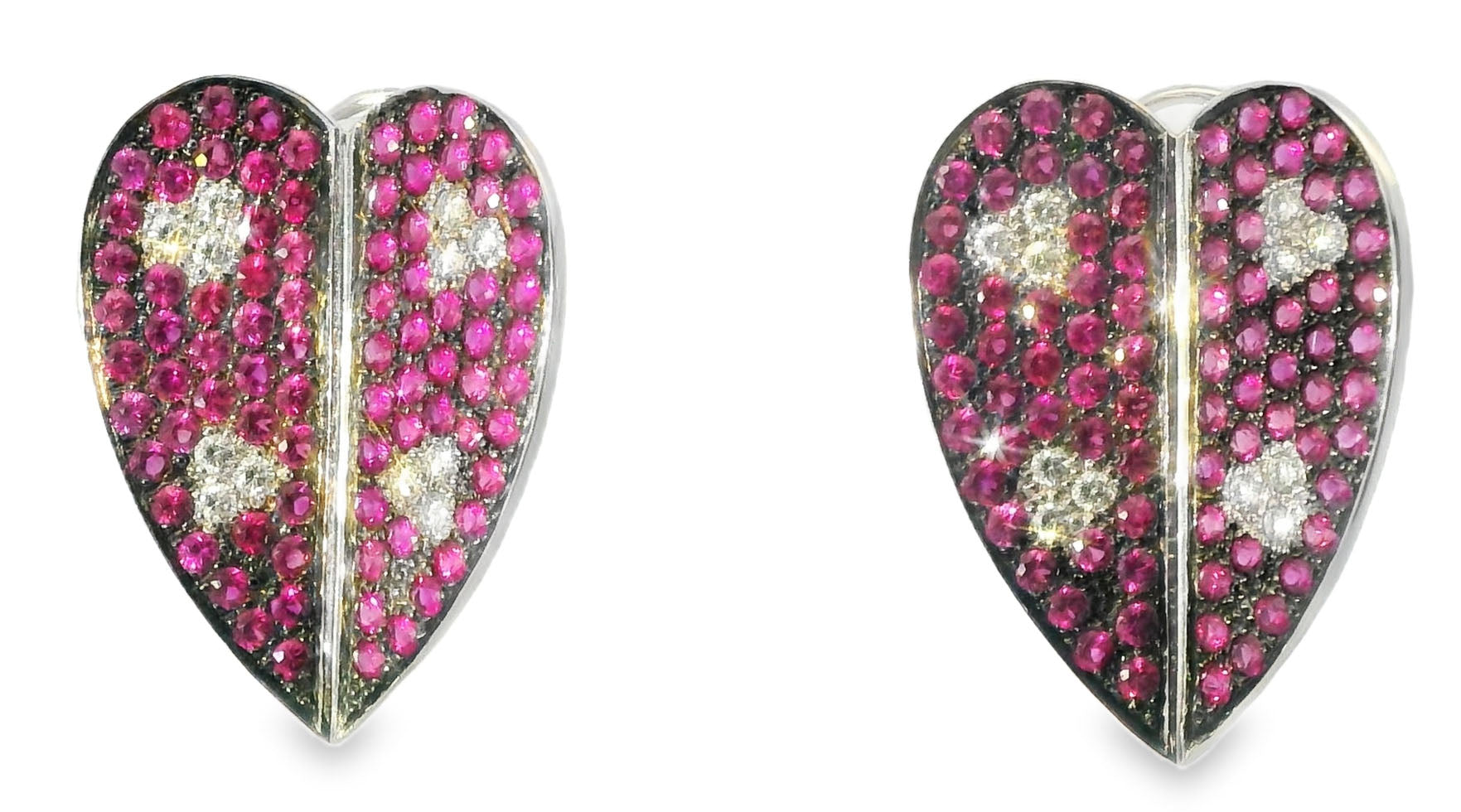 Magnificent Estate 18K White Gold Diamond Red Sapphire Heart Earrings - GGEMSonline