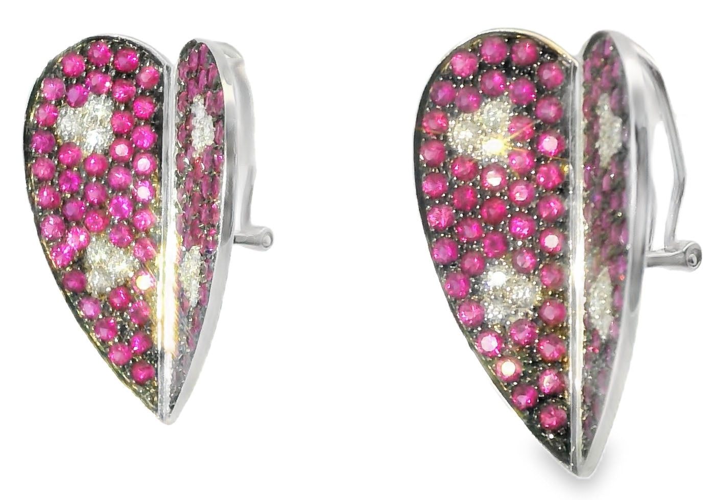 Magnificent Estate 18K White Gold Diamond Red Sapphire Heart Earrings - GGEMSonline