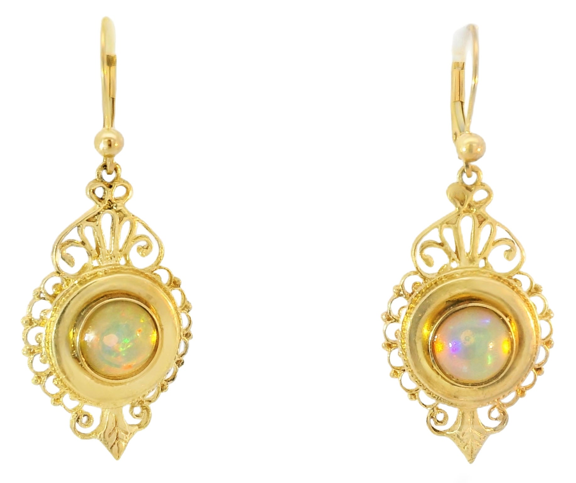 Victorian Revival 14K Yellow Gold Filigree Opal Drop Dangle Earrings - GGEMSonline