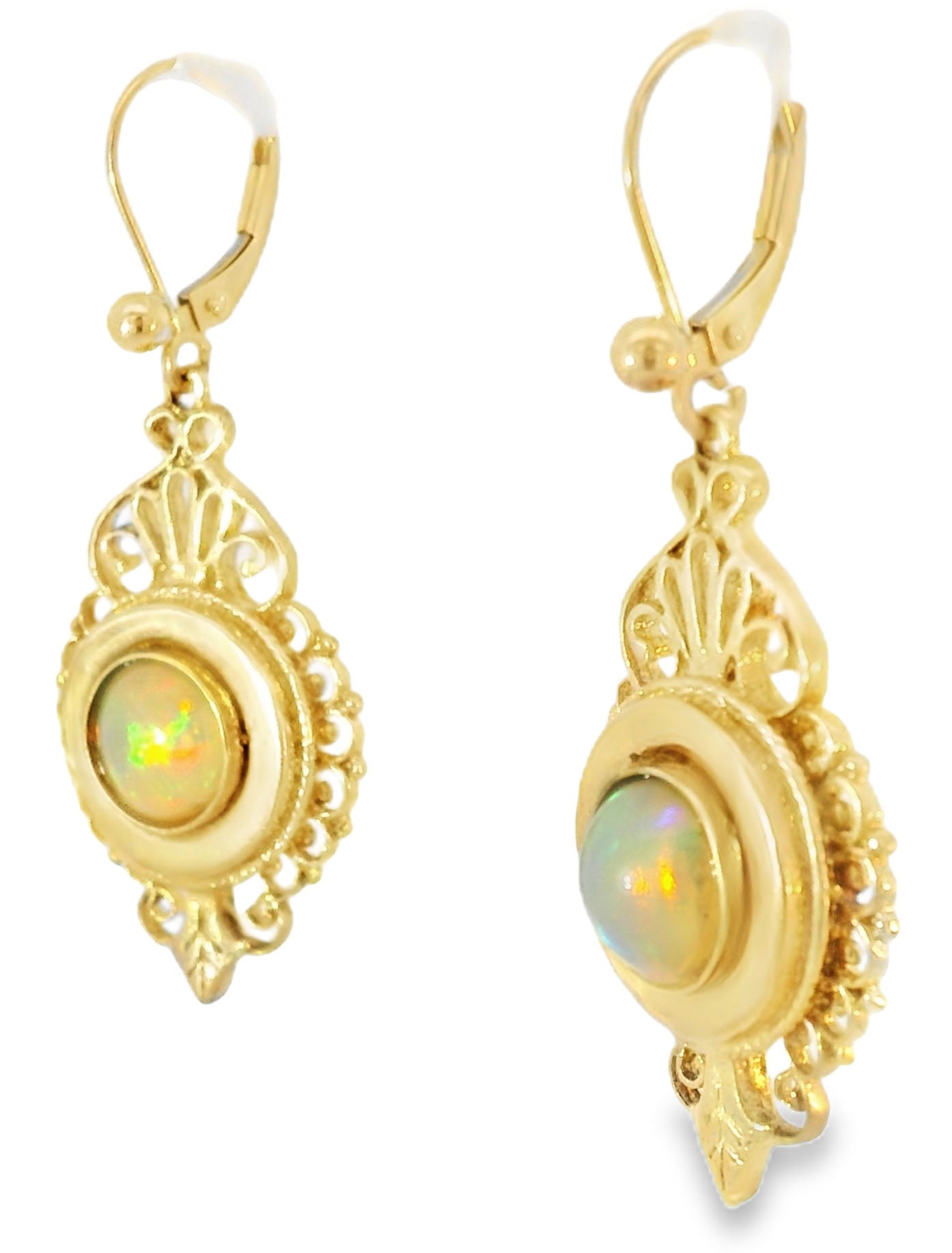 Victorian Revival 14K Yellow Gold Filigree Opal Drop Dangle Earrings - GGEMSonline