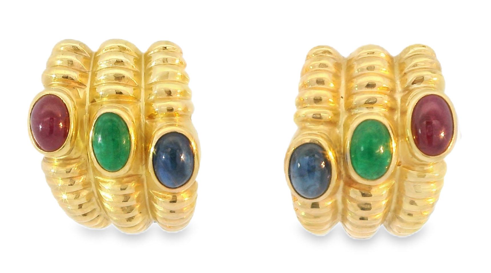 Fabulous 14K Yellow Gold Cabochon Emerald Sapphire Ruby Clip-On Earring - GGEMSonline