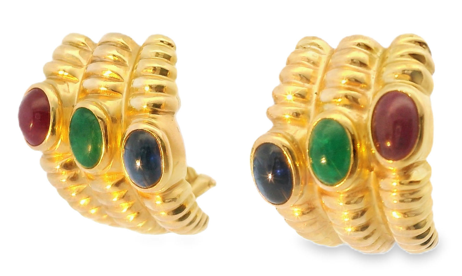 Fabulous 14K Yellow Gold Cabochon Emerald Sapphire Ruby Clip-On Earring - GGEMSonline