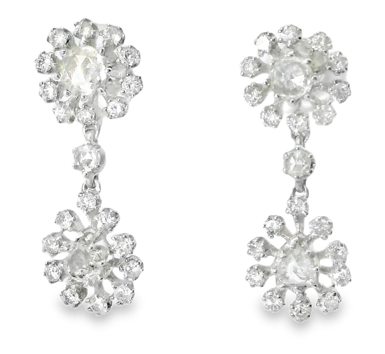 Antique 18K White Gold Rose Cut Old Miner Diamond Floral Drop Dangle Earrings - GGEMSonline