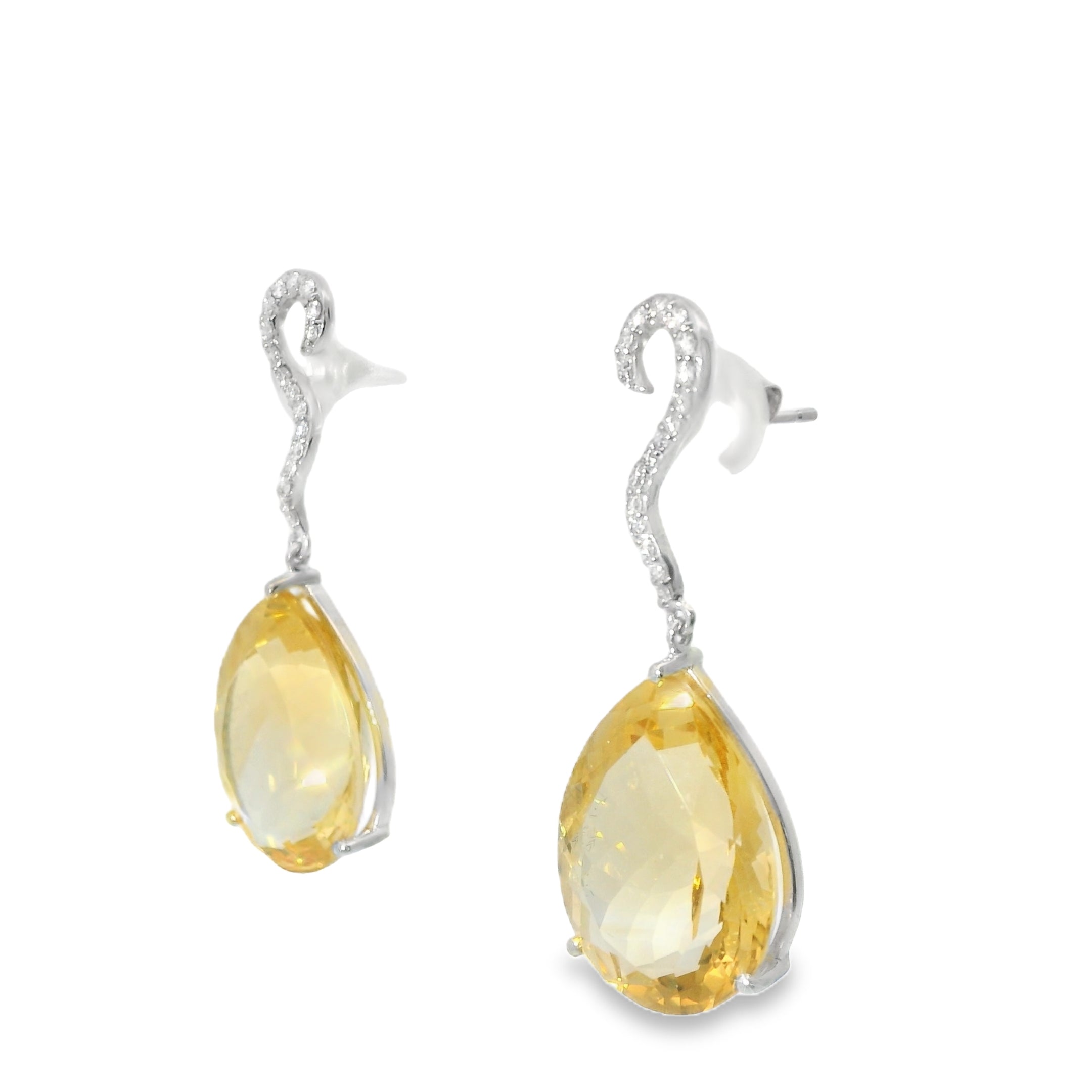 Stunning 18K White Gold Diamond Citrine Hanging Earrings - GGEMSonline