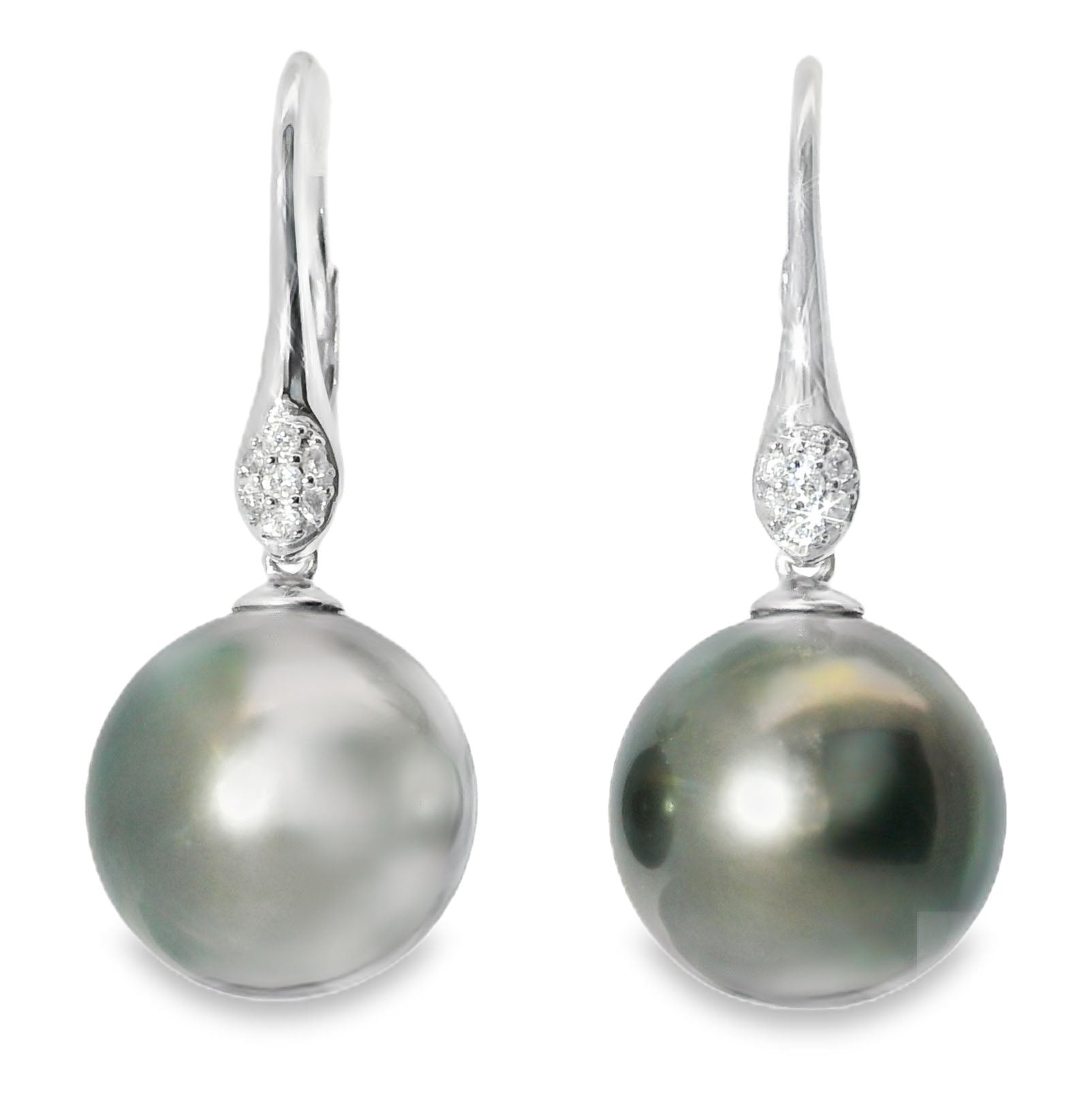 Gorgeous 14K White Gold Diamond Tahitian Pearl Hanging Earrings - GGEMSonline
