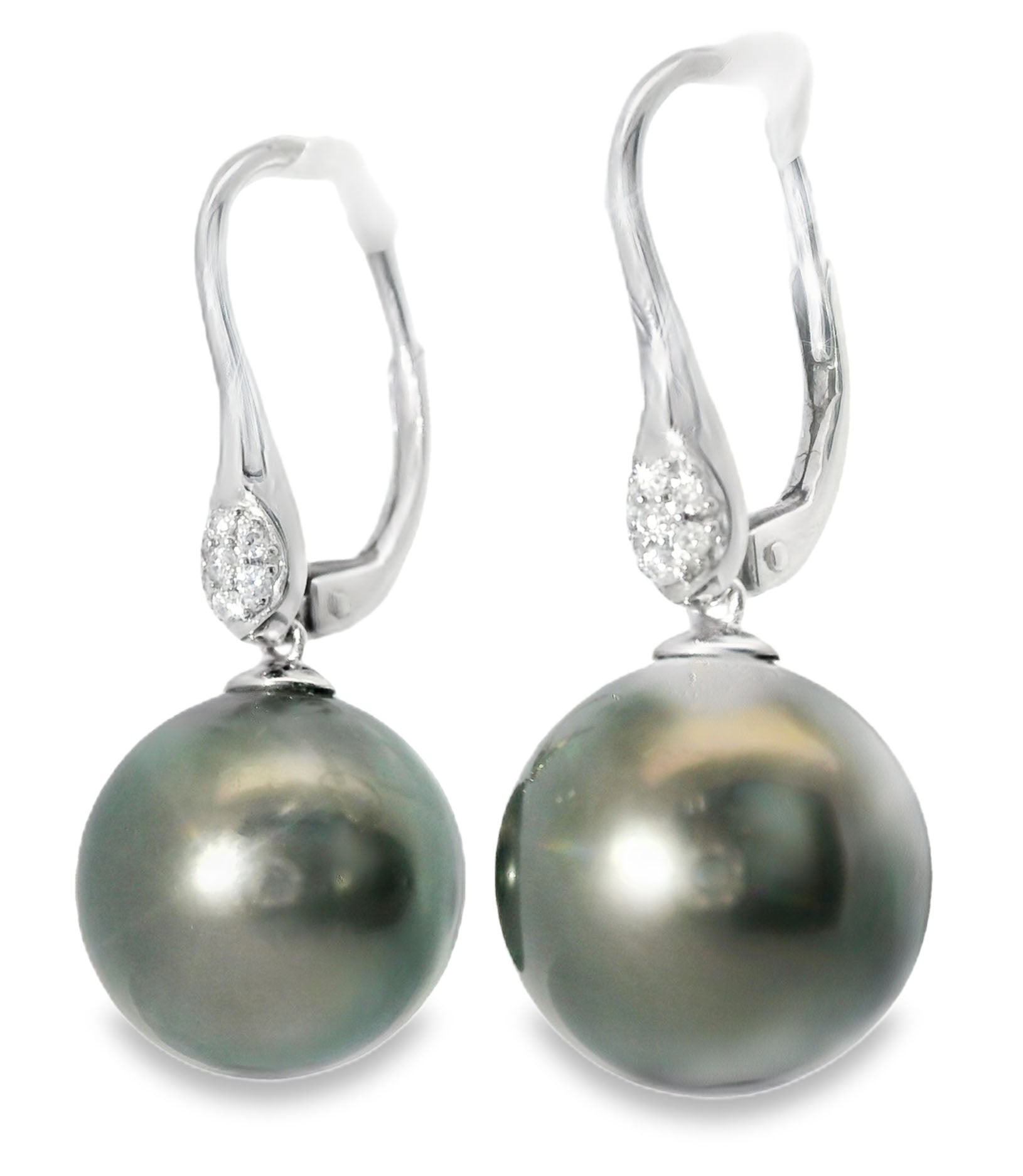 Gorgeous 14K White Gold Diamond Tahitian Pearl Hanging Earrings - GGEMSonline