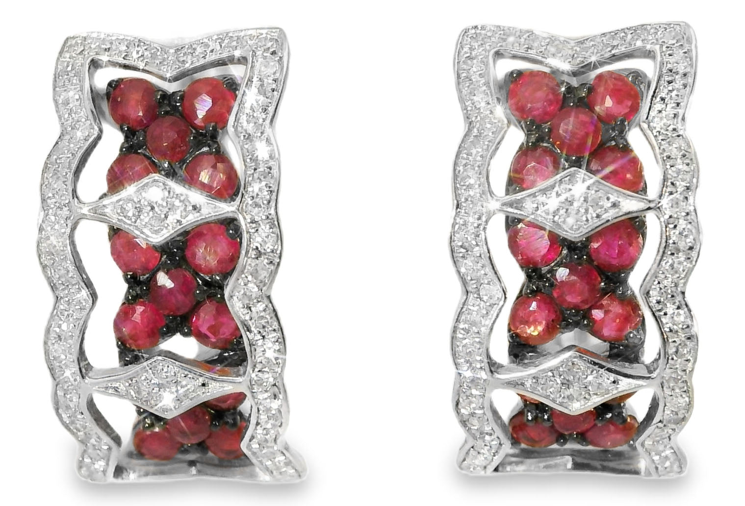 Beautiful 14K Pink Rose Gold Diamond Ruby Flower Huggie Earrings - GGEMSonline