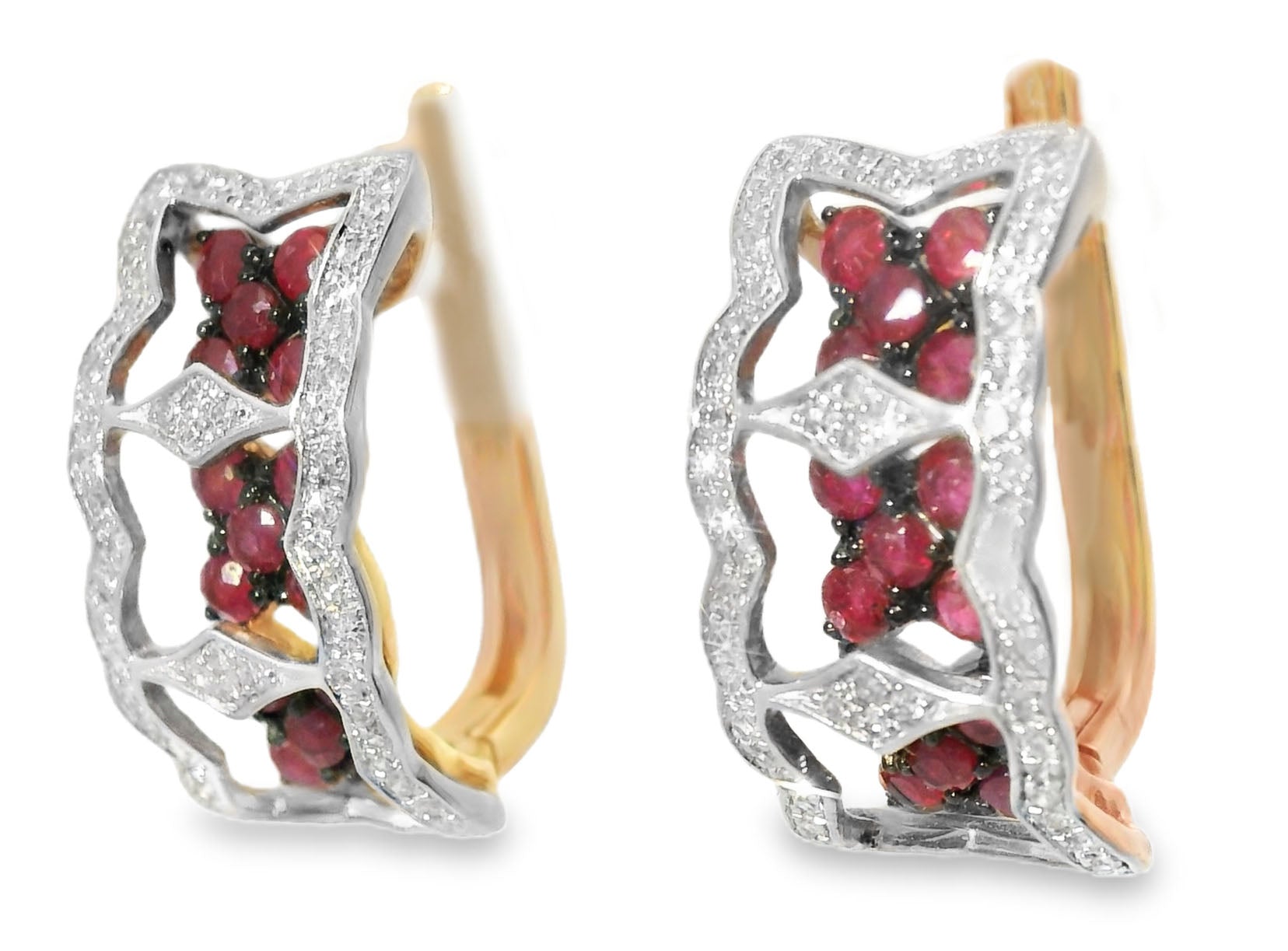 Beautiful 14K Pink Rose Gold Diamond Ruby Flower Huggie Earrings - GGEMSonline