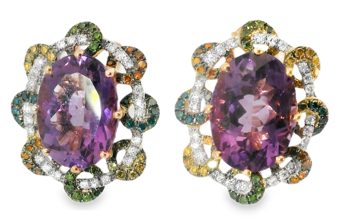 Magnificent 14K Rose Pink Gold Diamond Amethyst Huggie Earrings - GGEMSonline