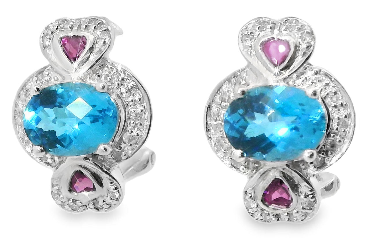 Beautiful Estate 14K White Gold Blue Topaz Garnet Diamond Heart Earrings - GGEMSonline