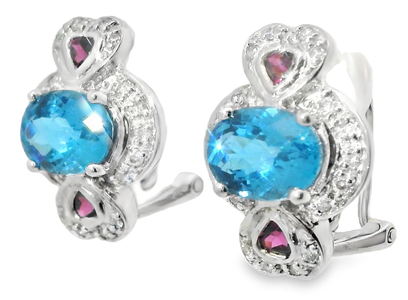 Beautiful Estate 14K White Gold Blue Topaz Garnet Diamond Heart Earrings - GGEMSonline