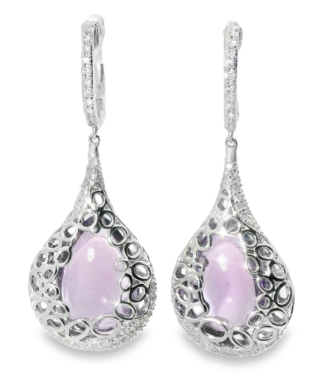 Unique 14K White Gold Diamond Cabochon Amethyst Hanging Earrings - GGEMSonline