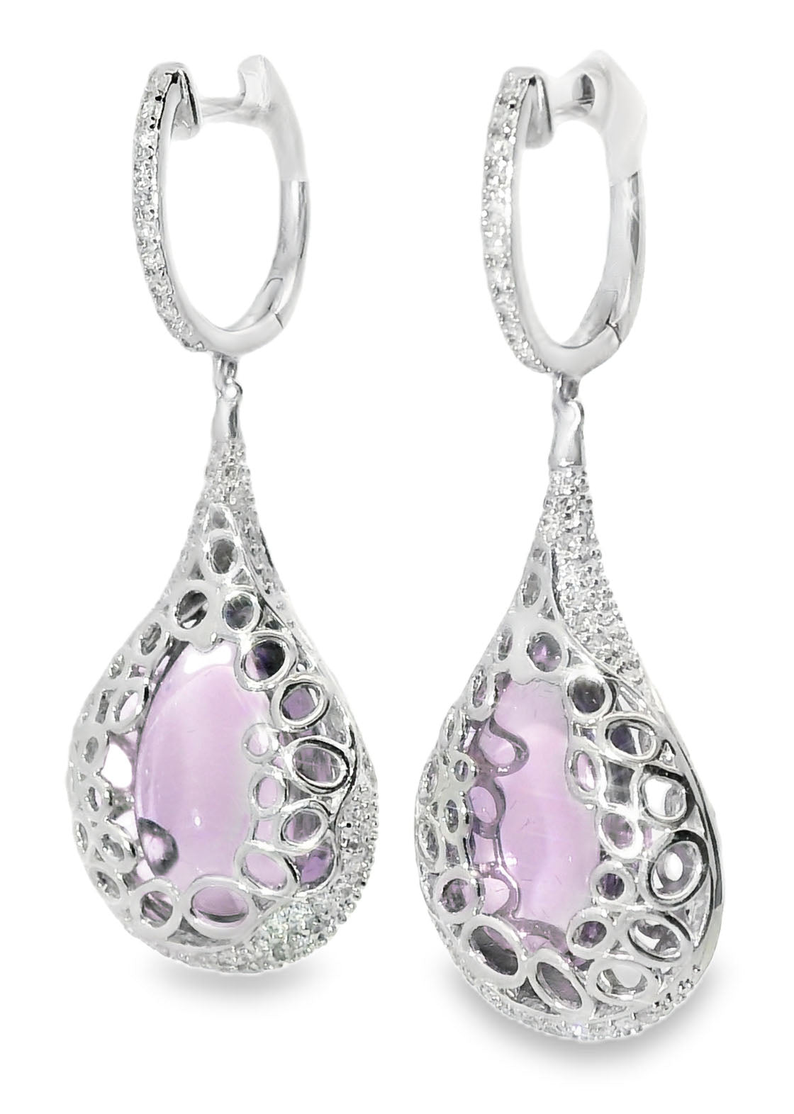 Unique 14K White Gold Diamond Cabochon Amethyst Hanging Earrings - GGEMSonline