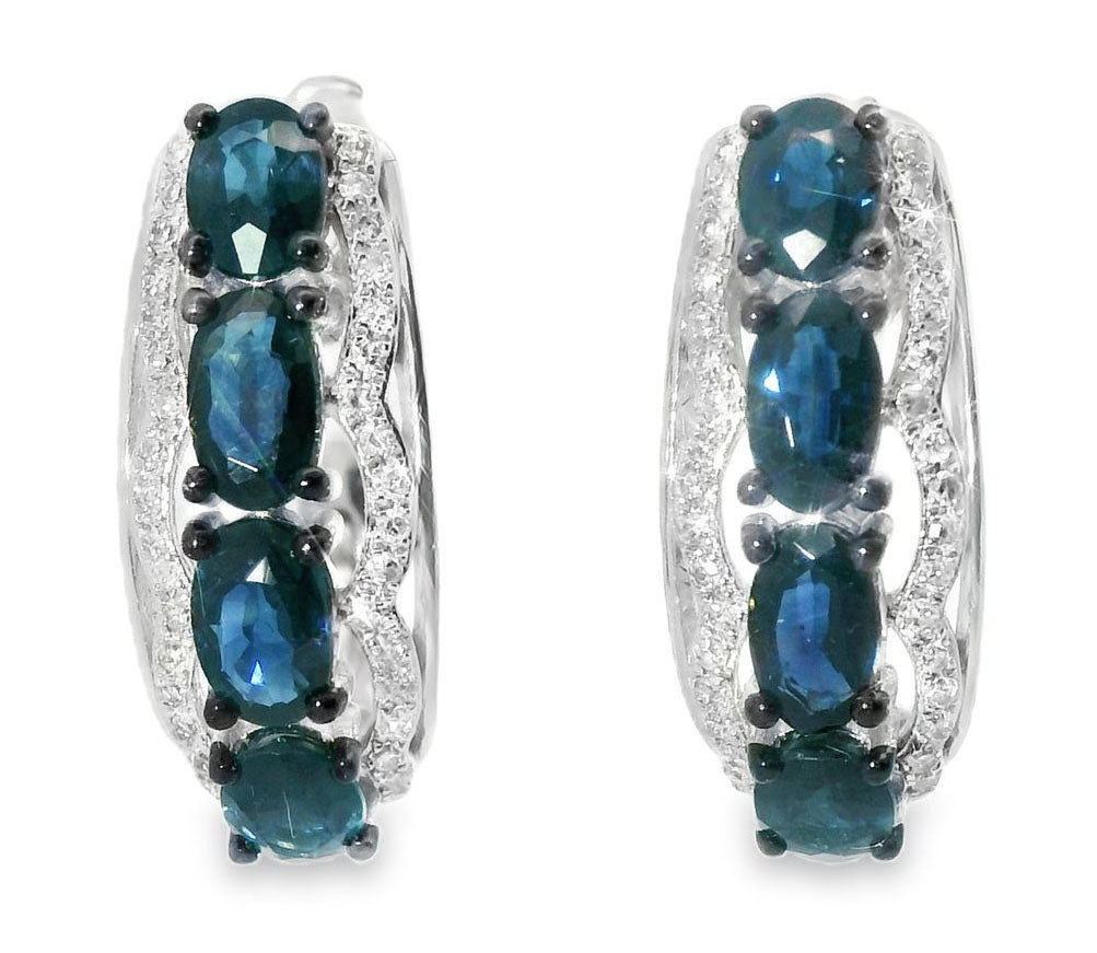 Beautiful 14K White Gold Diamond Sapphire Huggie Earrings - GGEMSonline